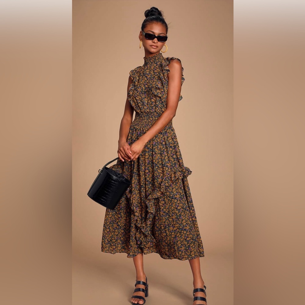 Lulus Evalina Mustard Yellow Floral Print Mock Neck Midi Dress